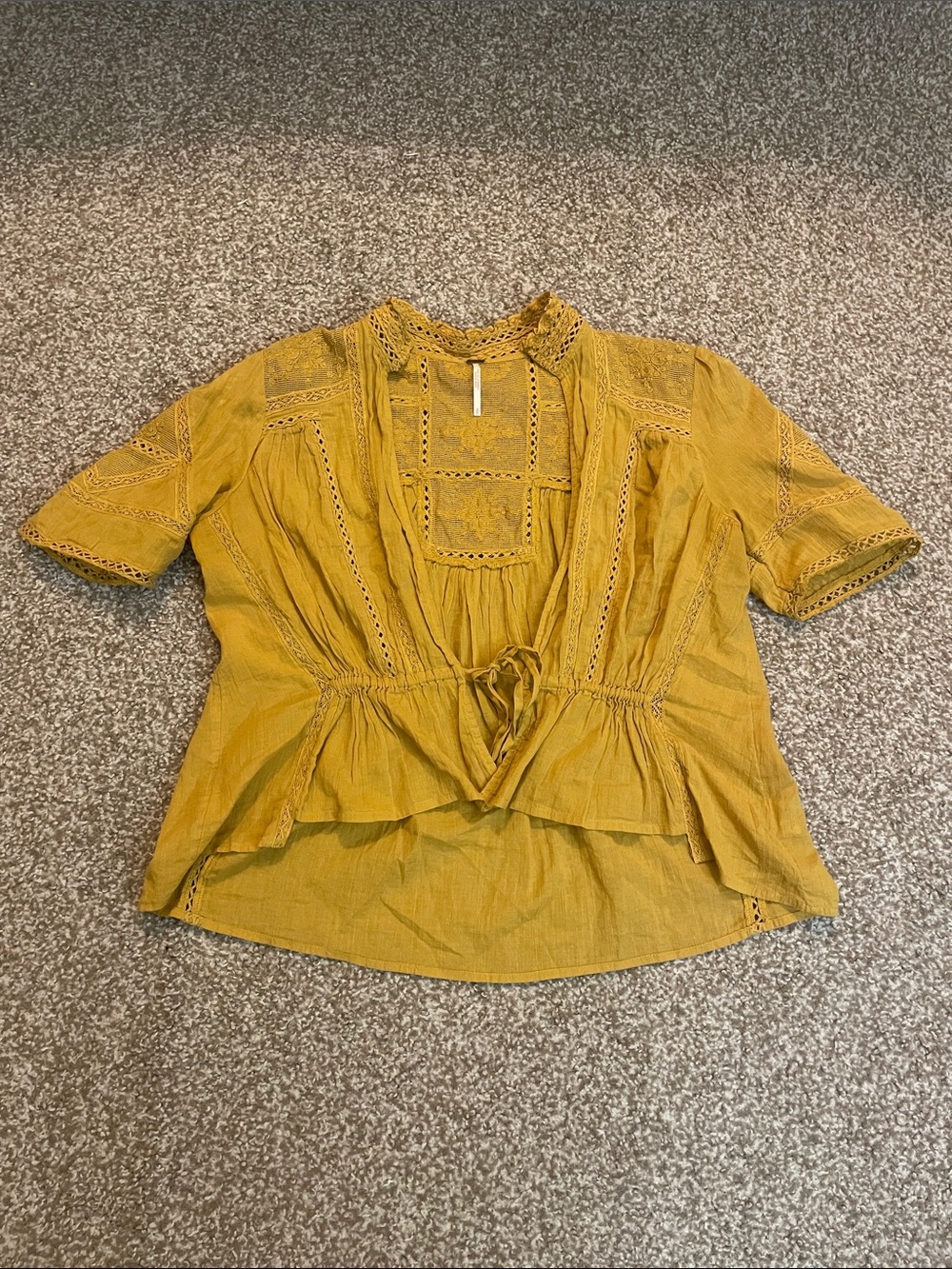 Free People Mustard Lace-Trim Tie-Front 3/4 Sleeve Crop Top Blouse